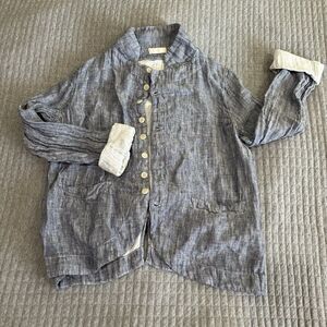CP Shades Button 100% Linen S.L Front Collared Gray Short Jacket Women Chambray